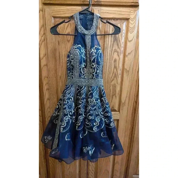 Gorgeous mini formal dress in navy & gold by Ellie Wilde size 00 - Picture 3 of 8